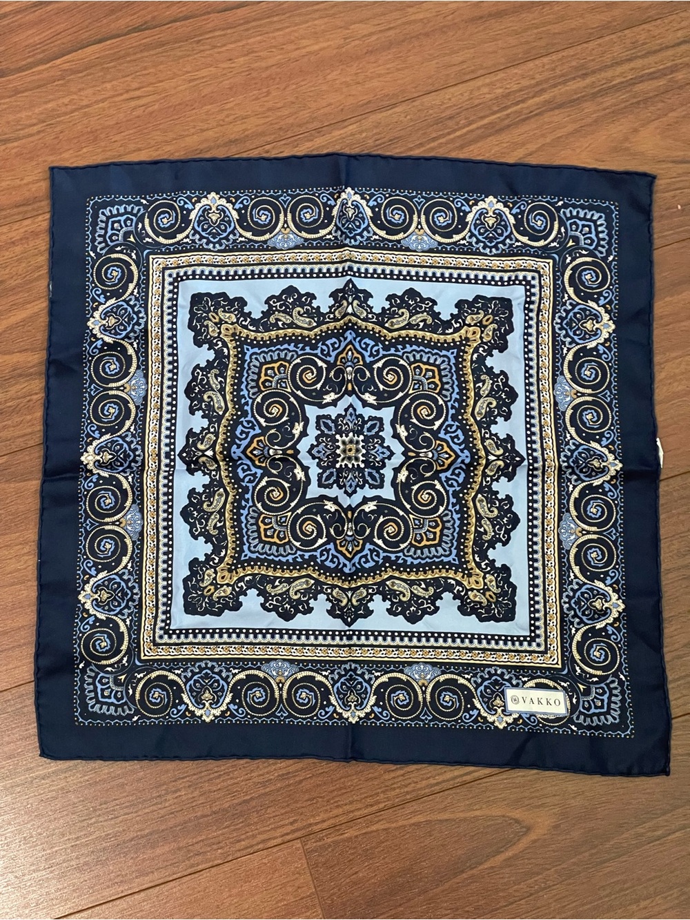 Vakko Scarf NWOT Paisley filigree, blue , black tan 100% silk - Picture 2 of 8